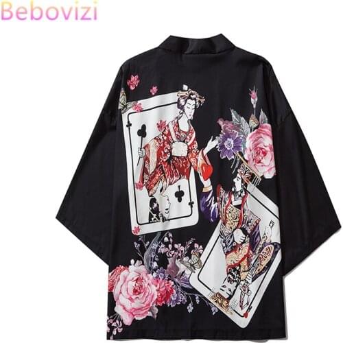 2020 Balck Loose Playing card printing Summer Beach Cardigan Harajuku Japanese Kimono Style Women Men Tops Shirts Asian Clothes