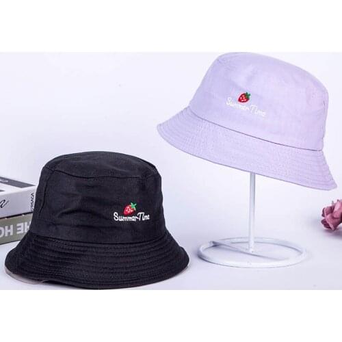 Cute strawberry embroidery letters girl fisherman hat Women foldable creative outdoor fashion basin cap bucket sun hat beanies