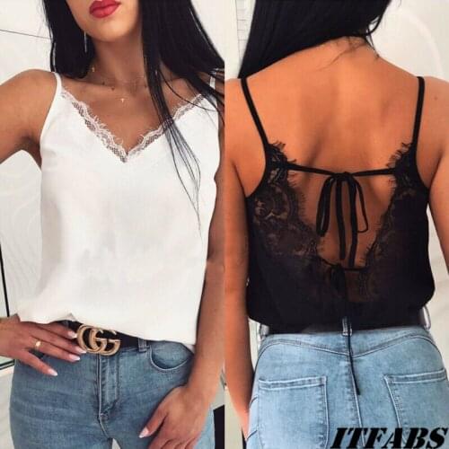 New Summer Women Satin Silk Lace Tank Tops backless Vest Blouse Female Casual Crop Camisole Top Sexy Lace Solid Backless Vest