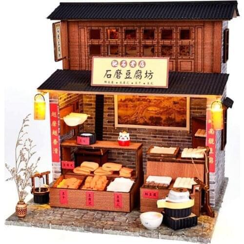 DIY House Miniature with Furniture LED Model Building Blocks Toys for Children Casa De Boneca Chinese Folk Architecture
