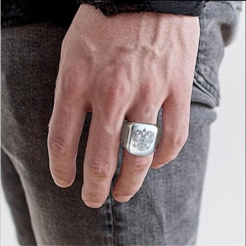 Men Signet Ring with Laser Engraving Russian National Emblem Stainless Steel Russian Double Headed Eagle Ring in Tone