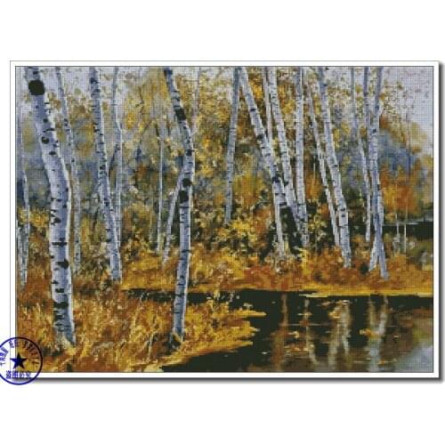 Top Quality hot selling beautiful counted cross stitch kit autumn birch tree trees forest lake river