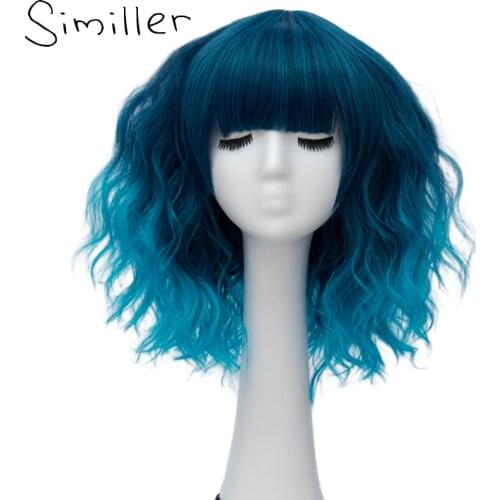 Similler Ombre Green Blue Gray Party Cosplay Wig Short Water Wave Hair Synthetic Wigs for Black Women 14" 21 Colors Available