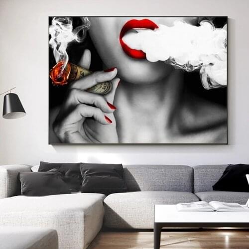 Sexy Red Lips Woman Posters Beauty Model with Hat Canvas Painting Fashion Girl Pictures Print Wall Art Modern Home Decor Mural