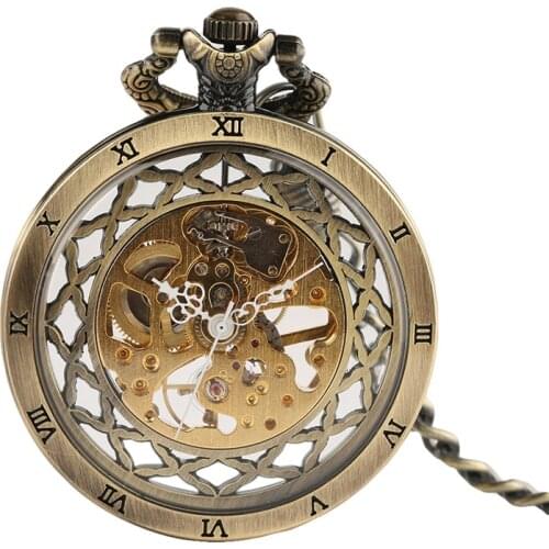 Silver/Black/Bronze Vintage Open Face Pocket Watch Transparent Hand Wind Mechanical Clock for Men Women Retro Pendant Chain