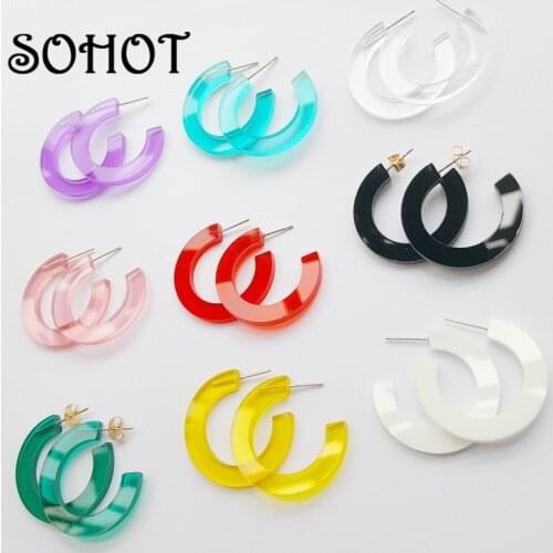 SOHOT Korean Fashion Colorful Acrylic Women Heart Square Shape Circle Hoop Earrings 3CM Clear Charming Girl Jewelry Brinocs Gift