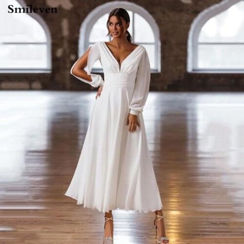 Smileven Simple And Clean Chiffon Wedding Dress Long Fuff Sleeve V Neck Lace Beach Bride Dresses Ankle Length Boho Bridal Gowns