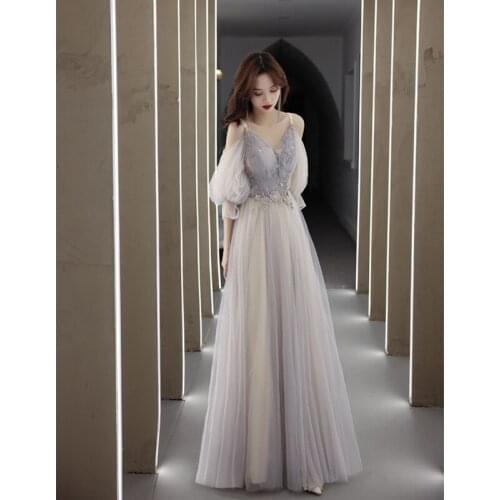Sexy V-neck Bridesmaid Banquet Evening Dress Female 2021 New Temperament Host Dress Elegant Fairy Long-sleeved Slim Dress A026