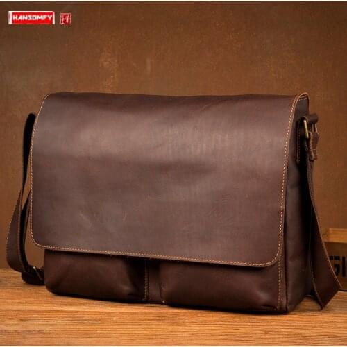 New Retro Crazy Horse Leather Men Crossbody Bag Horizontal Section Male Shoulder Messenger Bags First Layer Leather Male