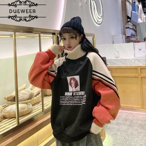 Dueweer Hoodies Sweatshirts Pullovers Womens Turtleneck Women Thicker Plus Velvet Warm Printed Oversize Patchwork Harajuku