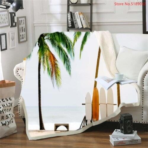 Tropical Beach Sherpa Fleece Blanket Plush Throw Blanket Summer Ocean View Blanket for Home Warm Sofa Cover Kids Travel Bedding