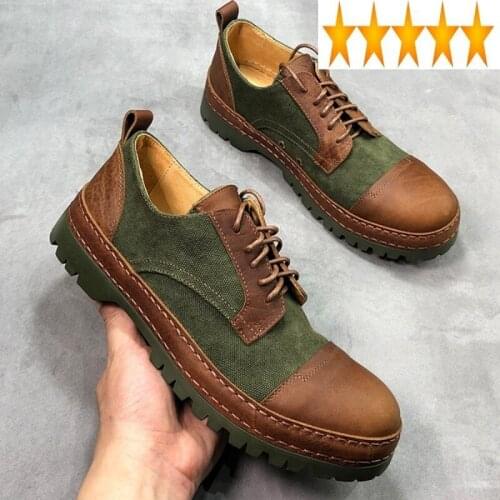 Thick Bottom Genuine Leather Vintage Men Fashion Colorblock Spliced Denim Lace Up Non-Slip Work Boots Mens Casual Shoes