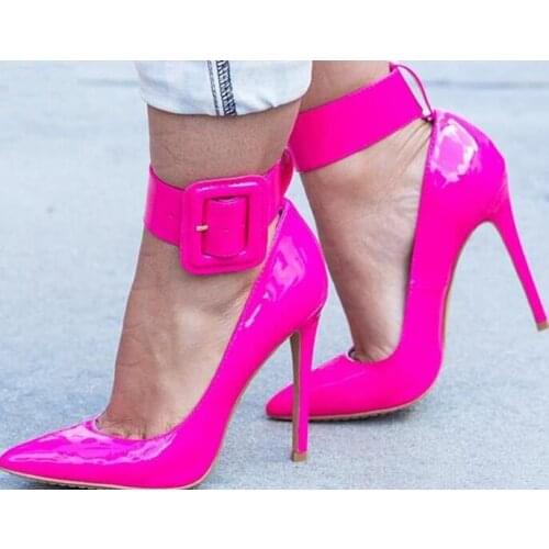 Thicken Ankle Buckle Ladies Sexy Pointy Toe Pumps Fashion Neon Patent Leather Ladies High Heels White Python Leather Stiletto