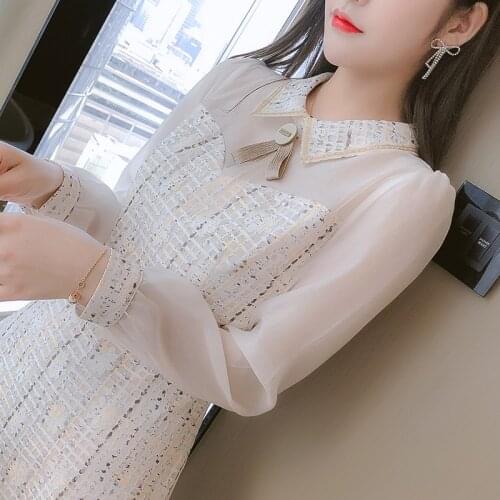 Spring Dress Wwomen Small Fragrance 2021 Slim Waist Fairy Midi Dress One Piece Turn-down Collar Patchwork Office Lady Korean