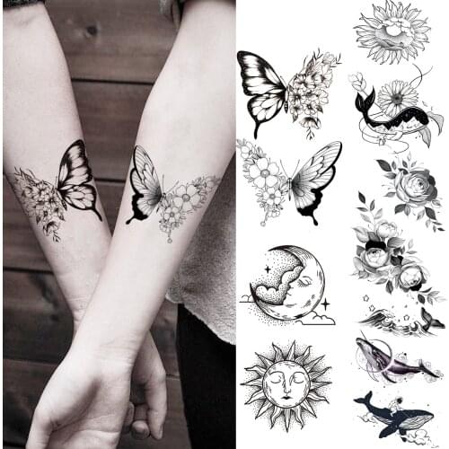 Realistic Butterfly Wrist Temporary Tattoos For Women Girl Moon Sun Whale Rose Flower Fake Tattoo Sticker Fashion Washable Tatoo