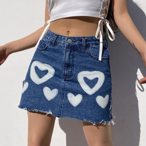 Women Denim Mini Skirt Heart Pattern Print Lolita Style Skirt jean mini skirt blue jeans woman skrit y2k accessories faldas