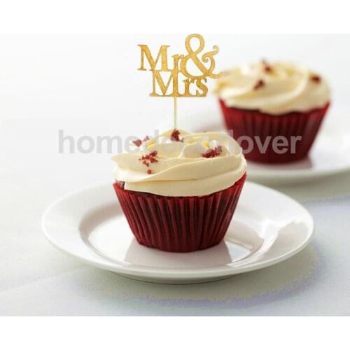 20 Pcs Gold Glitter Mr Mrs Cupcake Cake Toppers Pick Wedding Bridal Party