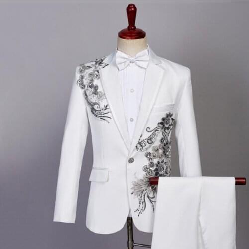White stage Blazer men formal dress latest coat pant designs singer Sequin suit men terno masculino trouser wedding suits mens