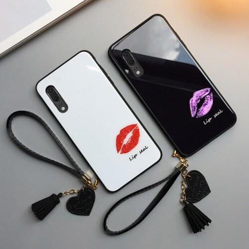 Case & Strap For VIVO Y91C Y12 Y15 V17 Pro phone Case For VIVO y70 y93 y83 y81s 81 u3x cover Fashion lip print Glass Hard Casing