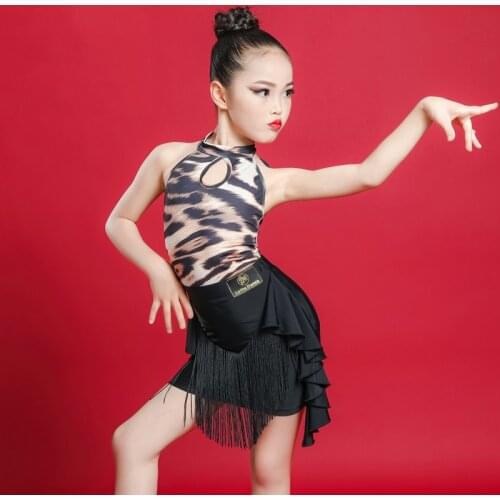 2020 New Children Latin Dance Clothes Leopard Tops Tassel Skirt 2 Pieces Sets For Girls Stage Latino Competition Costume DL6141
