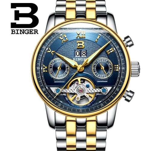 Mens Watches Top Brand Luxury BINGER Men Sport Tourbillon Automatic Mechanical Full Steel Wristwatch relogio masculino Blue dia