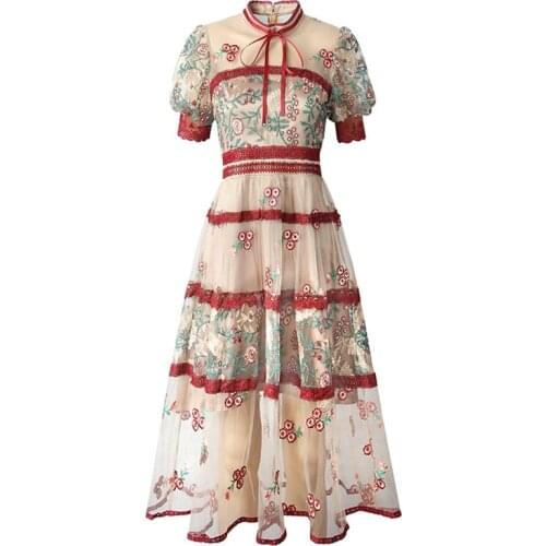 Elegant Pastel Luxurious Lace Vestidos Retro Sexy Embroidery Trendy Ukraine 2021 New A-line Net Yarn Robe Plus Size Dress Women