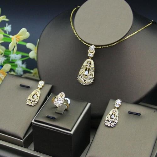 Luxury Water Drop Cubic Zircon Nigerian Necklace Earring Ring Jewelry Sets For Women Wedding Indian Dubai Bridal Jewelry Sets