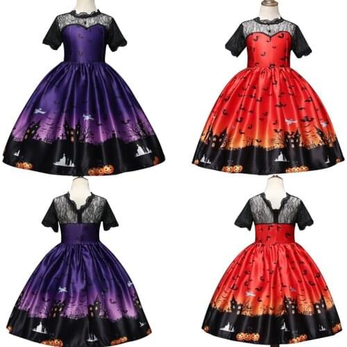 Girl Halloween Cosplay Lace Dress For Kids Bat Vampire Printed Party Cosplay Princess Christmas Girls Clothing 4-10 Years
