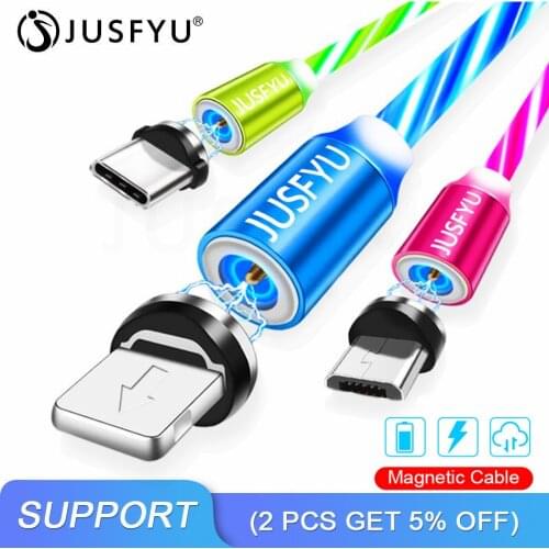 Magnetic Cable LED Glow Flowing Charging Micro USB Cable Fast Charging USB C Cable For iphone 6 7 XS Samsung S8 S9 Charger Cable