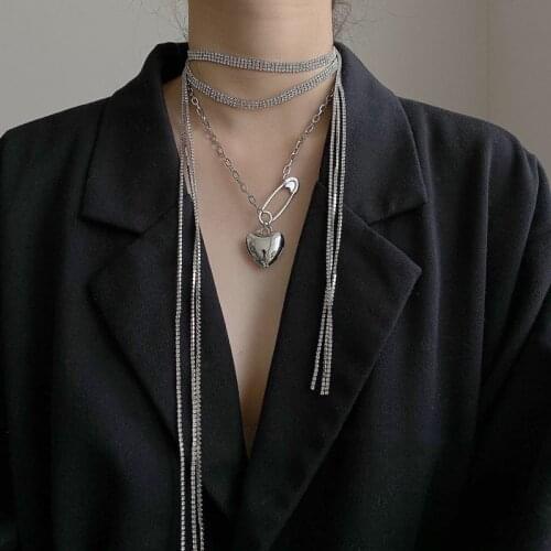 Fashion Punk Exaggerated Evening Banquet Zircon Necklaces for Women Girls Shiny Luxury Pin Heart Necklace Party Wedding Jewelry