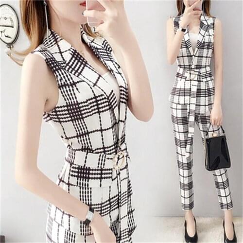 Fashion Plaid Suit Womens Summer New High-end Temperament Casual sleeveless Plaid Vest + Pants Two-piece Suit women