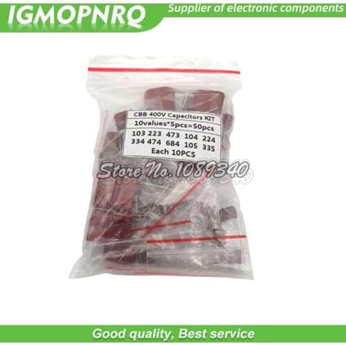 KIT 50PC=10value*5PCS Metallized Polyester Film Capacitors CBB Assortment Kit 400V 10nF ~ 3.3UF igmopnrq