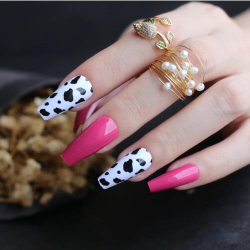 Cow print coffin false nail UV glossy Ballet nails Passionate Red art design long ombre French shiny fake nails summer rose