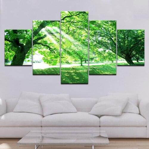 Wall Art Canvas Painting 5 Panel Modular Frame Green Art Tree Sunrise Picture Print On Modern Pictures Home Decor Picture