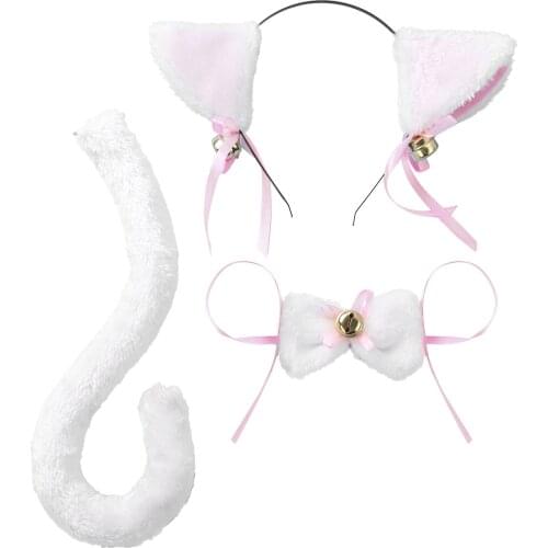 New 3PCS Cat Ears Hair Hoop/Head Hoop with Bow Tie Tail Set for Adults and Kids Halloween Dress Up Cosplay Costume Accessories