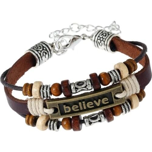 New Casual Vintage Brown Genuine Bronze Believe Words Charm Wood Beads Men Leather Bracelets For Women Homme Femme Jewelry