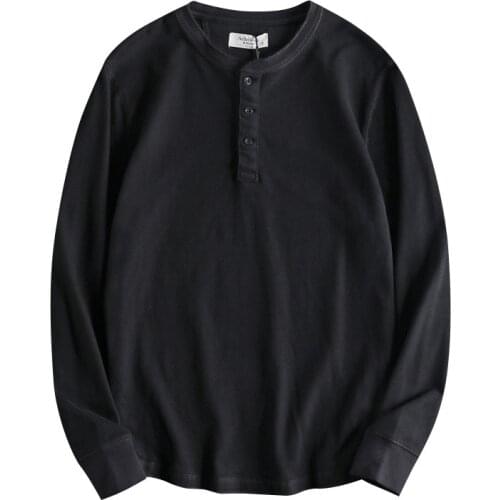 Japanese Harajuku Long Sleeve Henley Collar T Shirt for Men Vintage Mens Streetwear Solid Color Long Sleeve Henley T-shirt