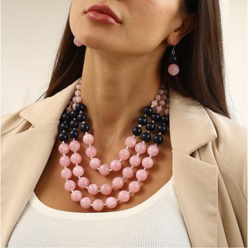 One set 3ROWS PINK/GRAY ROUND ACRYLIC BEAD necklace earrings