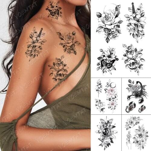Waterproof Temporary Tattoo Sticker Simple Line Flowers Rose Moon Flash Tattoos Scorpion Universe Body Art Arm Fake Tatoo Women