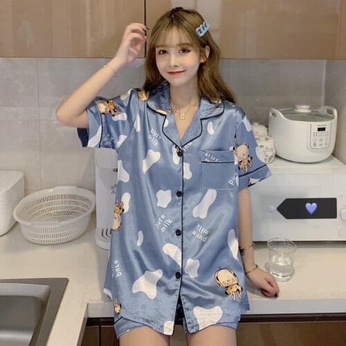 Silk Pajamas New Ladies Short Sleeves Satin Sleepwear Set Womens Homewear Clothes Suit Sweet Pyjamas Elegant Womens Pajamas Set