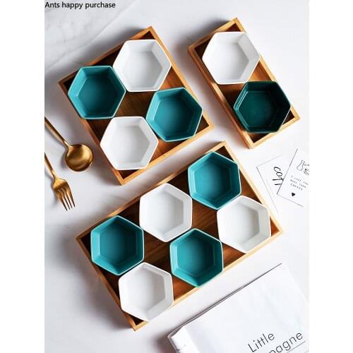 Nordic Creative hexagon ceramics Plate Wooden pallets fruit Snack dish Partition child Household kitchen seasoning salad Storage