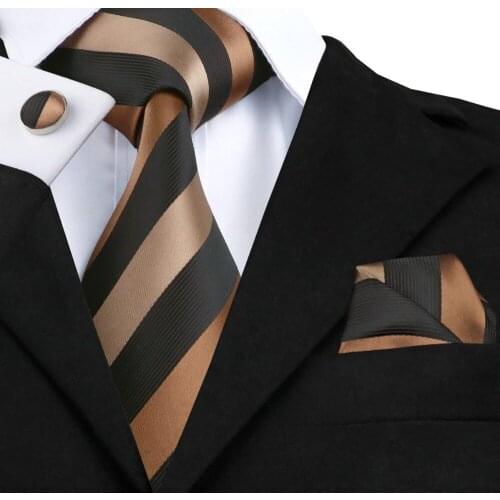 SN-585 Black Chocolate Tan Striped Tie Hanky Cufflinks Sets Mens 100% Silk Ties for Men Formal Wedding Party Groom