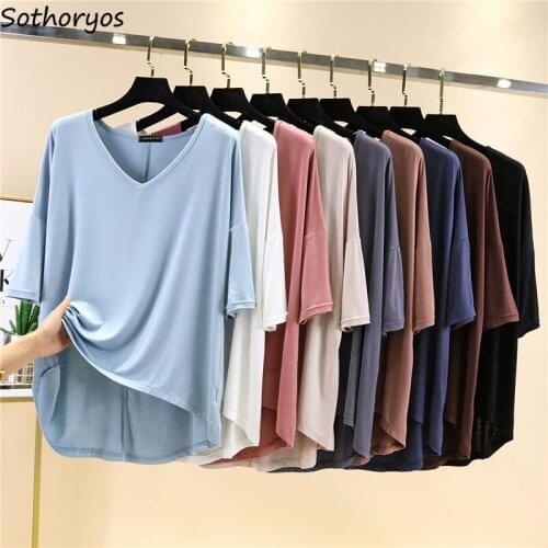 Baggy Sleep Tops Women V-neck Cozy Leisure Trendy All-match Solid Short Sleeve Summer Nightwear High Quality Females Lounge Chic