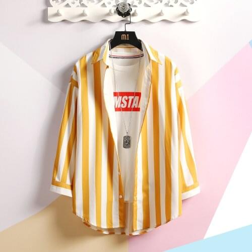 Yellow Striped Men Shirts Korean Style Long Sleeve Shirt Korean Fashion Casual Streetwear Clothes 5XL 2021 Spring Summer
