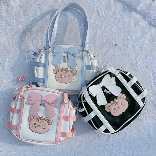 Womens Cute Little Bear Bowknot Casual Messenger Bags Harajuku Handbag Sweet Kawaii Mori Girl JK Uniform Student Shoulder Bag