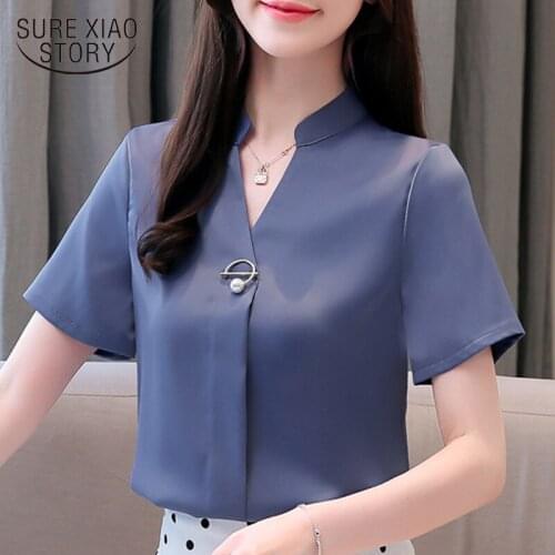 Womens blouses and tops blouses woman 2019 office tops fashion clothing V-Neck Regular Solid short sleeve chiffon shirt 5243 50