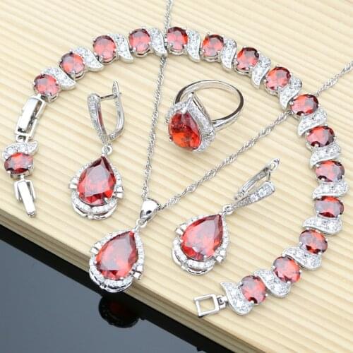 Natural Red Garnet 925 Silver Fine Jewelry Sets for Women Wedding Earrings with Stone Necklace Set Dropshipping