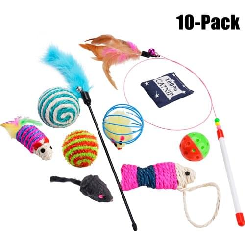 10Pcs Cat Toys Catnip Toy Mouse Sisal Fish Ball Mouse Squeaky Ball Bell Feather Teaser Cat Interactive Playing Chew Toy