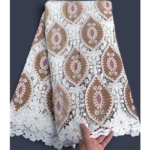 5 yards Gold White Velvet Lace neat embroidery African Guipure Cord Fabric Nigeria Sewing Evening Dress With Stones not fall off