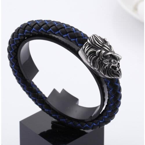 8mmStainless Steel Silver Color Lion Magnetic Clasp Blue Black Genuine Braided Leather Wristband Mens Unisexs Bracelet Bangle 9"